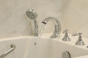 A close up of the walk-in tub faucet and spray head
