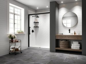 Picture of a gorgeous new black and white shower in a modern bathroom.