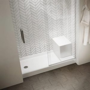 Picture of a white shower enclosure with a built-in chair.