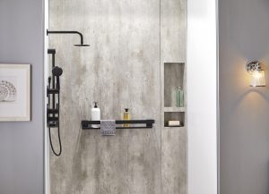 Close-up of a walk-in shower with matte black finishes