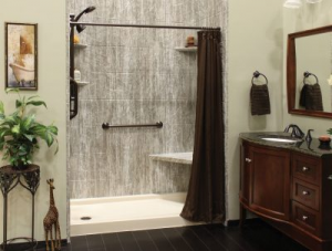 Spacious walk in shower with dark brown accents