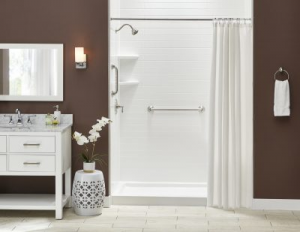 sleek, white walk-in shower in a dark brown bathroom